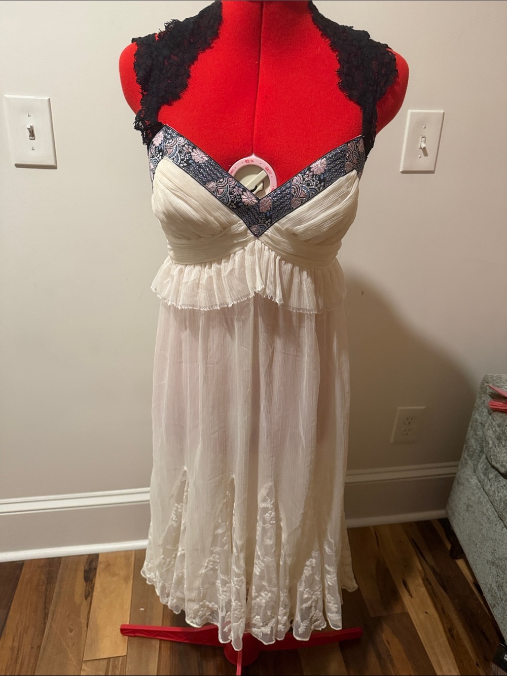 Free people Lace-Trim Chiffon Midi Dress with Navy Embroidered Trim
